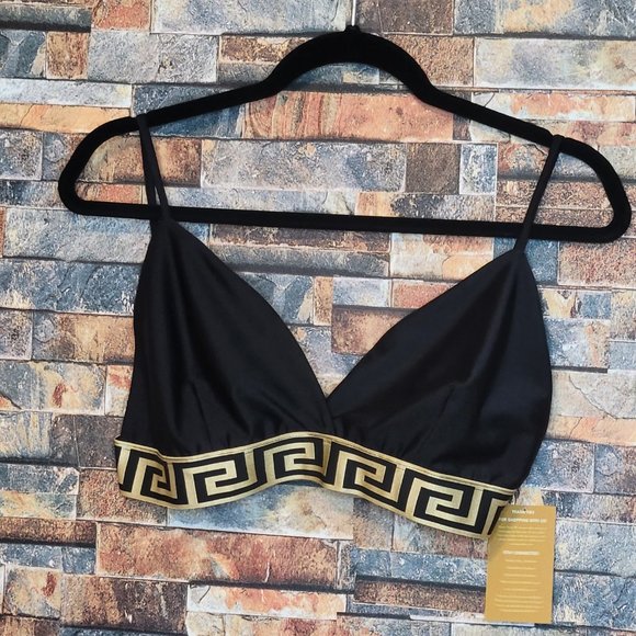 Geo Gold Trim Spaghetti Strap Crop Top Black Bralette - Elevate Your Style - Picture 1 of 9
